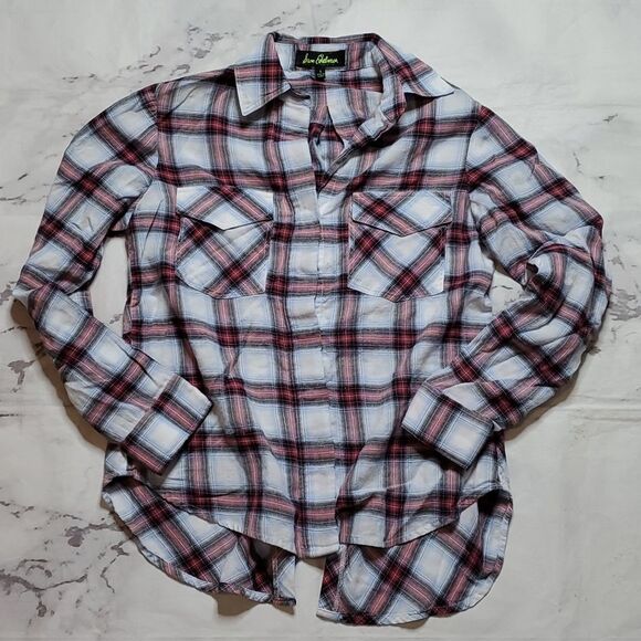 Sam Edelman Blue Plaid Button Up Shirt with Zipper Cold Shoulder - Picture 1 of 6